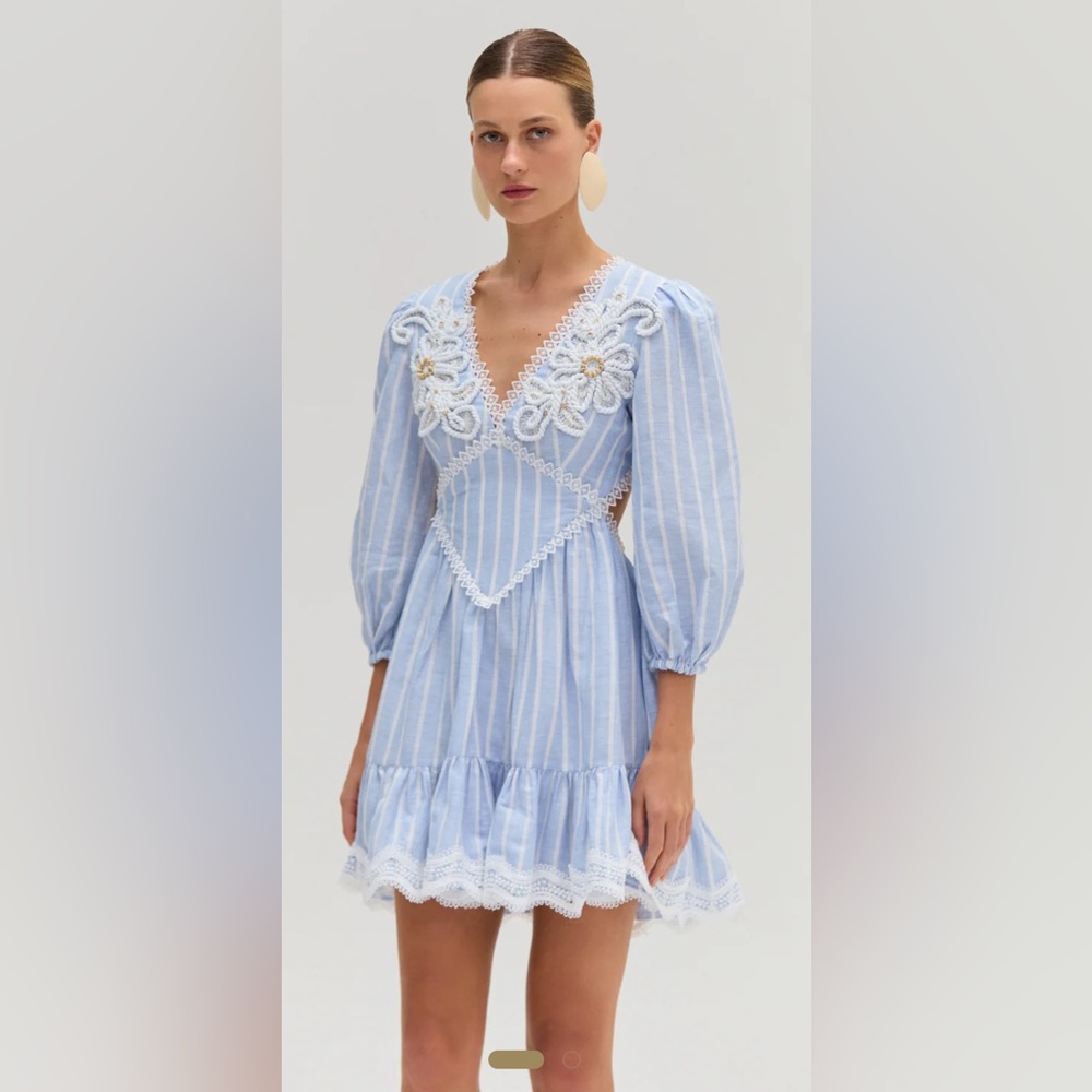 PatBO Light Blue Striped  Dress with Marine linen  Lace